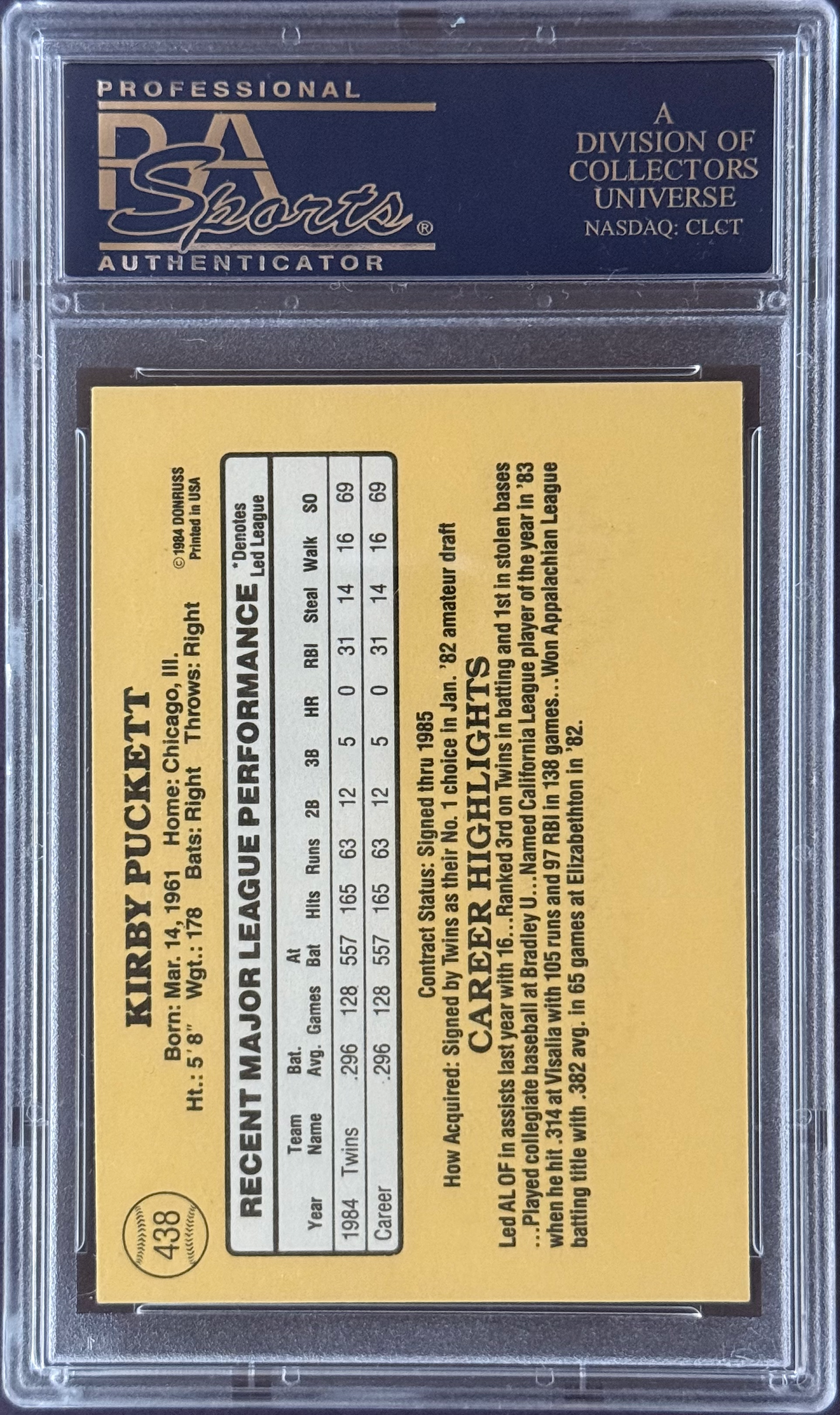 1985 Donruss Kirby Puckett #438 PSA 10