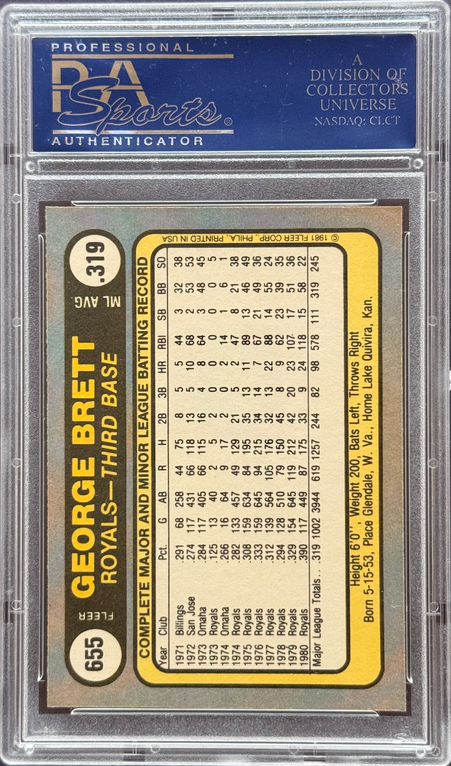 1981 Fleer George Brett #655 PSA 10