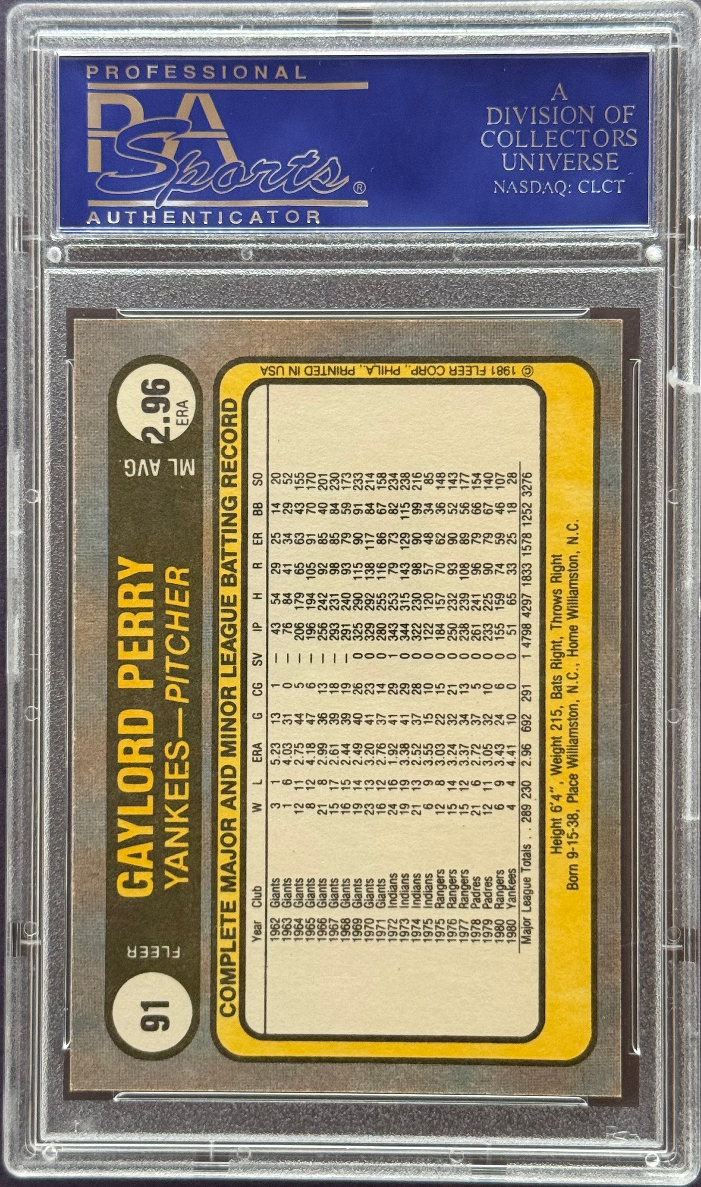 1981 Fleer Gaylord Perry #91 PSA 10