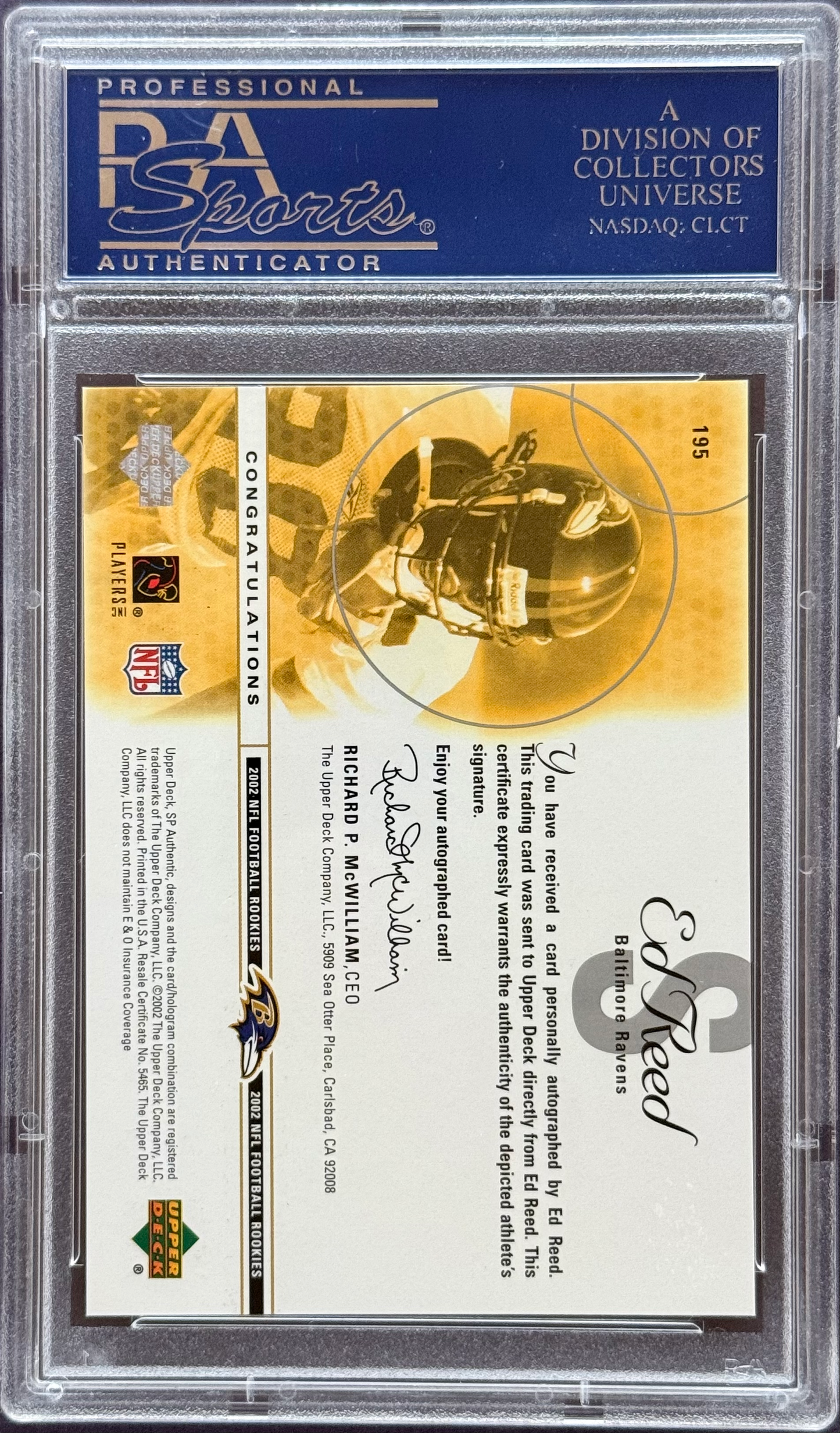 2002 SP Authentic ED Reed Autographed #195 PSA 10