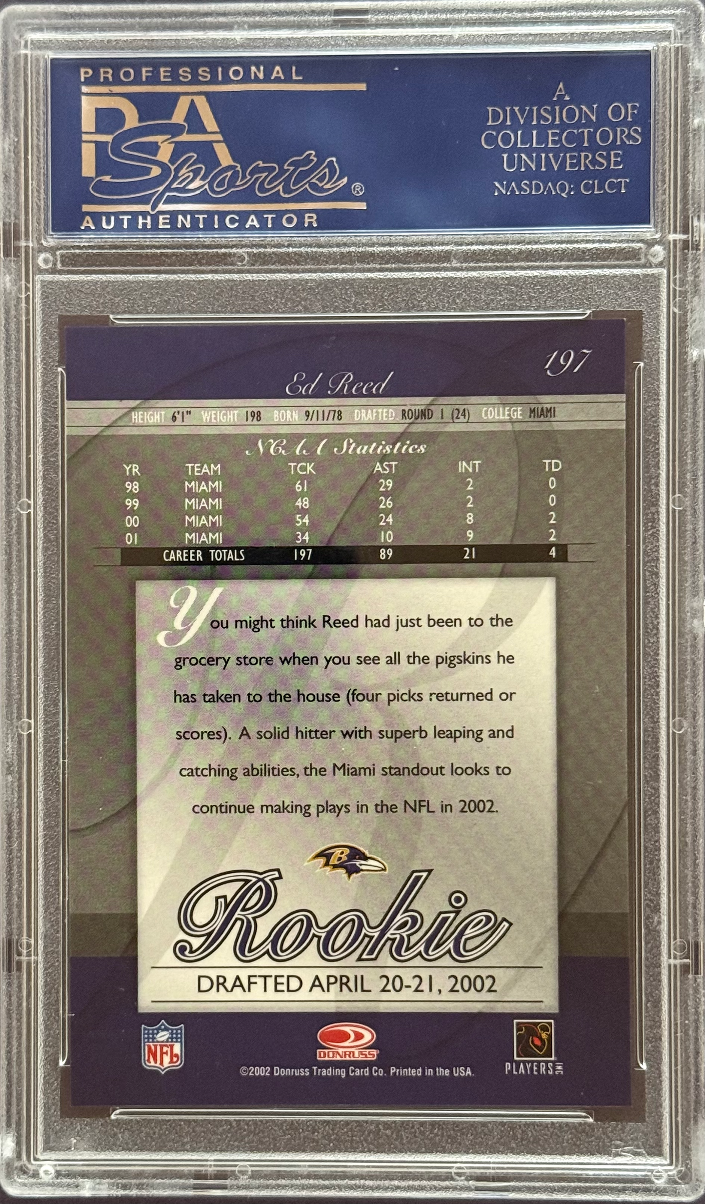 2002 Donruss Elite Ed Reed #197 PSA 10